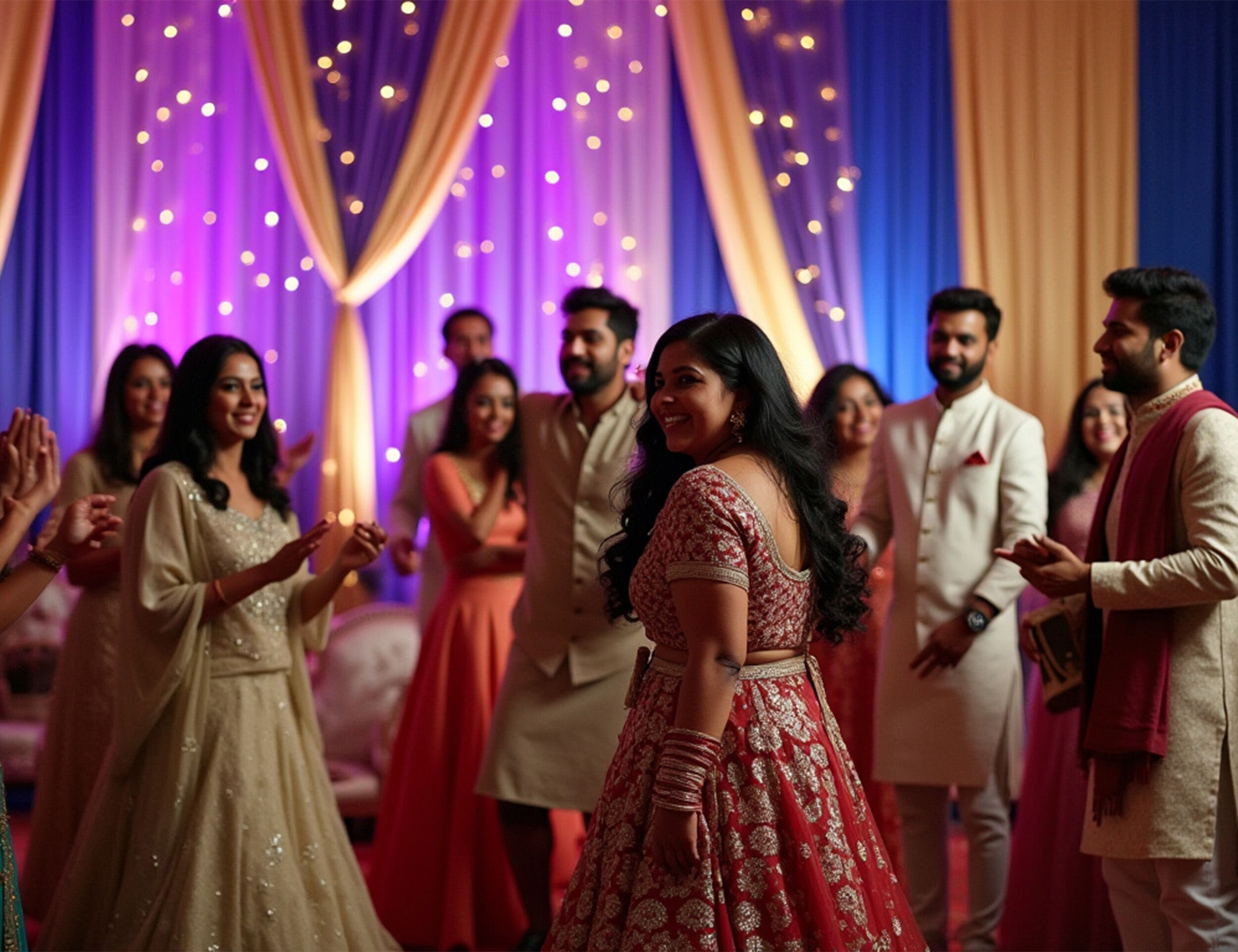 Bride smiling and enjoying the sangeet festivities with friends and family.